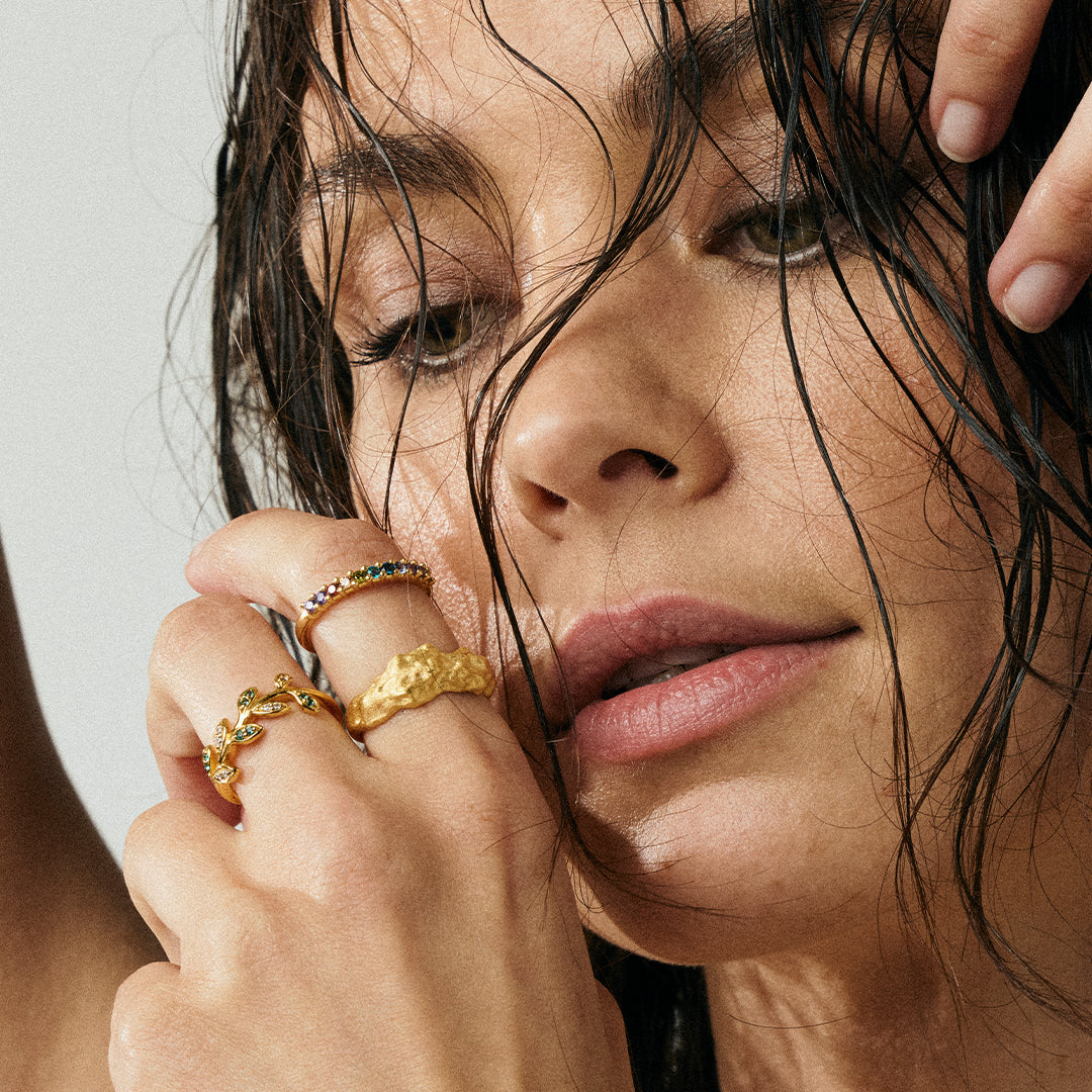 Rainbow Ring - Polished Gold Plated Sterling Silver with 11 Multi color Cubic Zirkonia