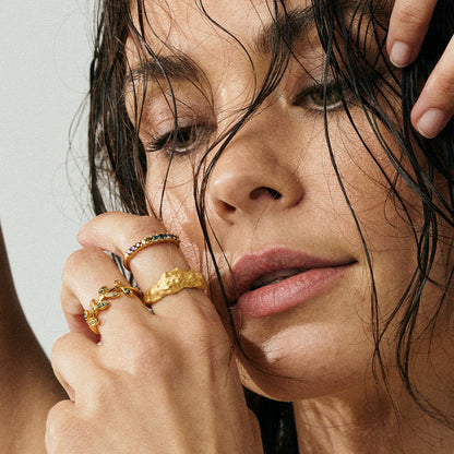 ColoWatchful Leaves Ring - Polished Gold Plated Sterling Silver with 7 white Cubic Zirkonia