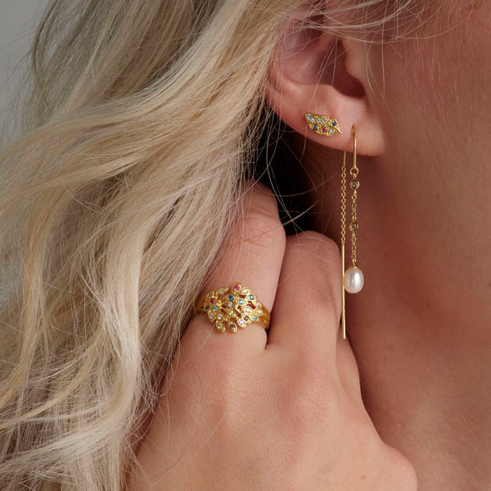 Peacock Ring - Polished Gold Plated Sterling Silver with 22 Multi color Cubic Zirkonia