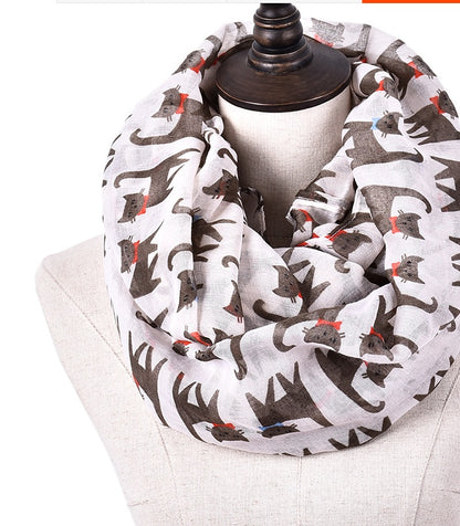 Cartoon cat print scarf cat Bali yarn scarf silk scarf art pattern to protect the heating square scarf