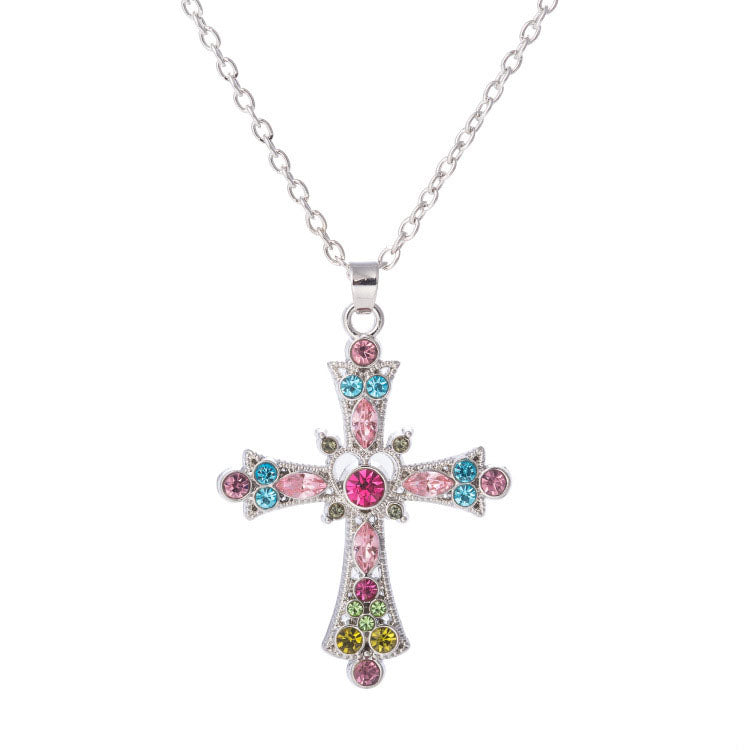 Cross Christianity - Crystal Diamond Color Cross Pendant Girls Clavicle Necklace Jewelry