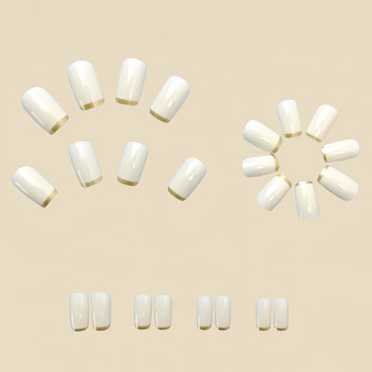 Mittellanges europäisches quadratisches Nagel-Patch, weiß, French mit goldenem Rand