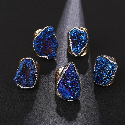 Irregular natural crystal cluster ring, original stone crystal set with diamonds, natural stone gold-plated handmade jewelry