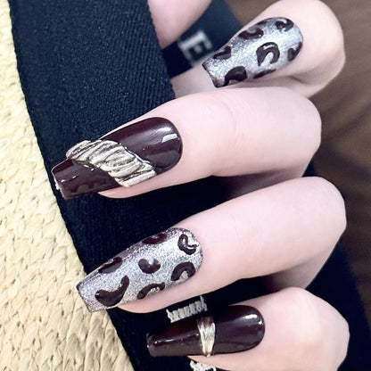 Cross-border European And American Style Short Retro Jump Color Leopard Print Metallic T-shaped Wear Armor Finished Nail Beauty 10 Pieces Wholesale