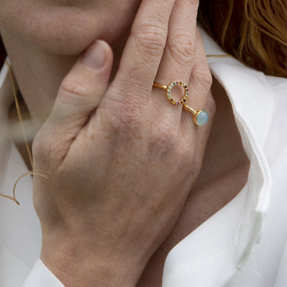 World Goals Ring - Polished Gold Plated Sterling Silver with 17 Multi color Multi stone