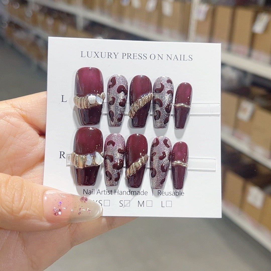 Cross-border European And American Style Short Retro Jump Color Leopard Print Metallic T-shaped Wear Armor Finished Nail Beauty 10 Pieces Wholesale