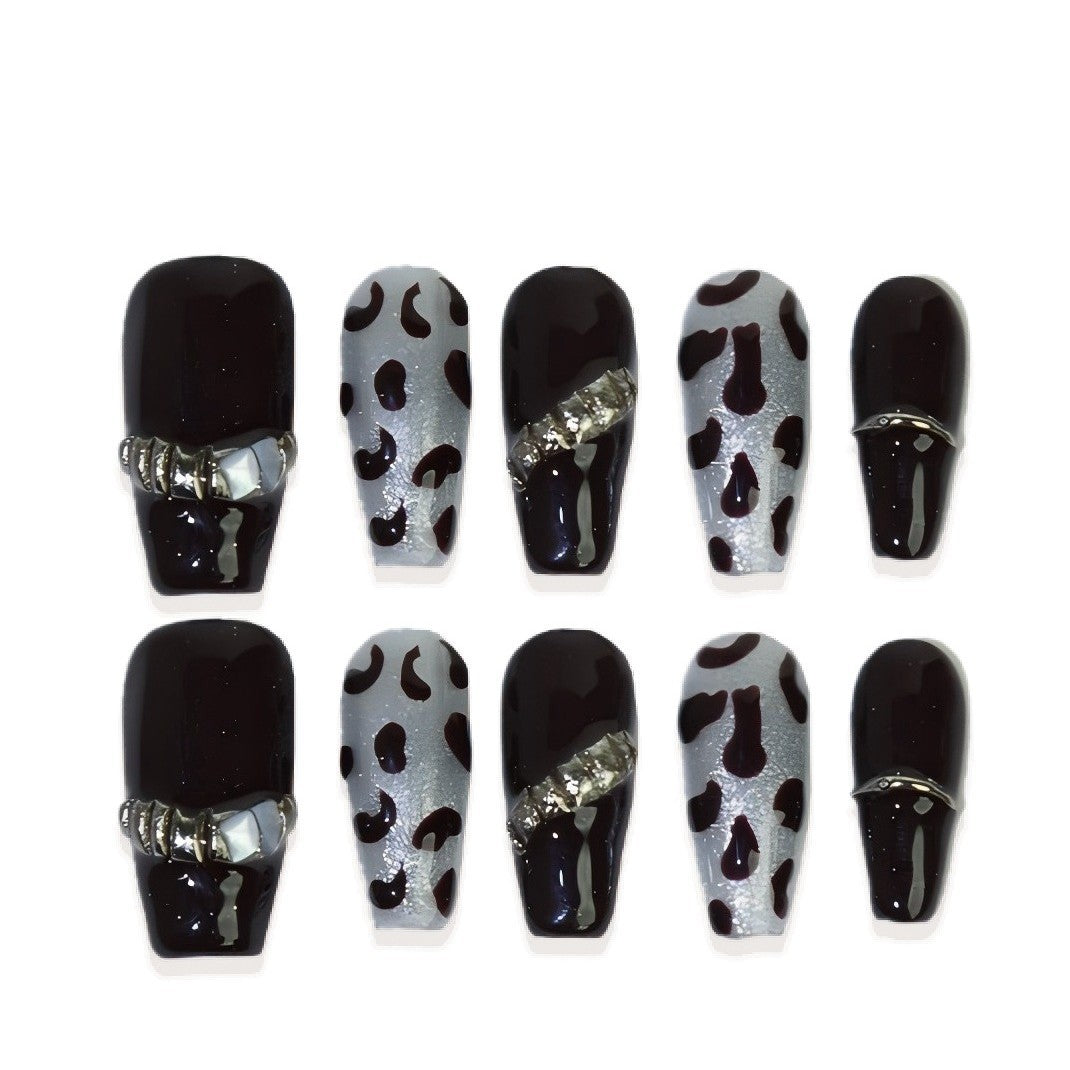Cross-border European And American Style Short Retro Jump Color Leopard Print Metallic T-shaped Wear Armor Finished Nail Beauty 10 Pieces Wholesale