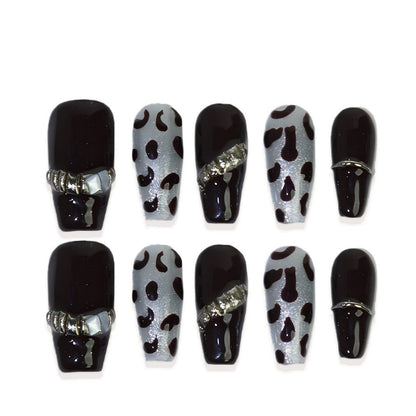 Cross-border European And American Style Short Retro Jump Color Leopard Print Metallic T-shaped Wear Armor Finished Nail Beauty 10 Pieces Wholesale