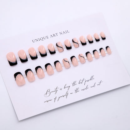 Mid-length Square Black Glitter French Nail Sticker