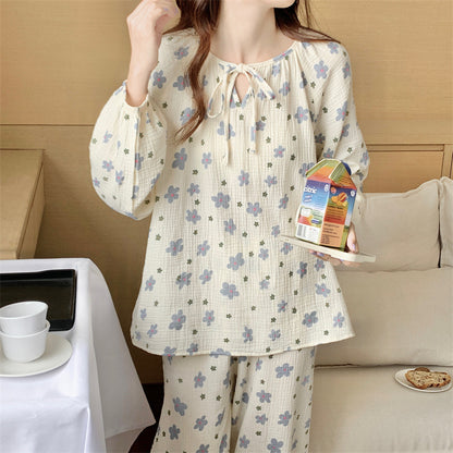 Damenpyjama aus Baumwollgarn mit Print, Pullover mit Bindeband