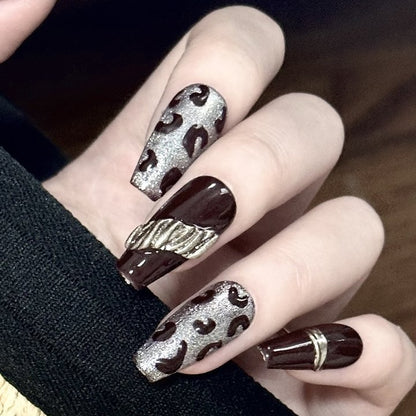 Cross-border European And American Style Short Retro Jump Color Leopard Print Metallic T-shaped Wear Armor Finished Nail Beauty 10 Pieces Wholesale