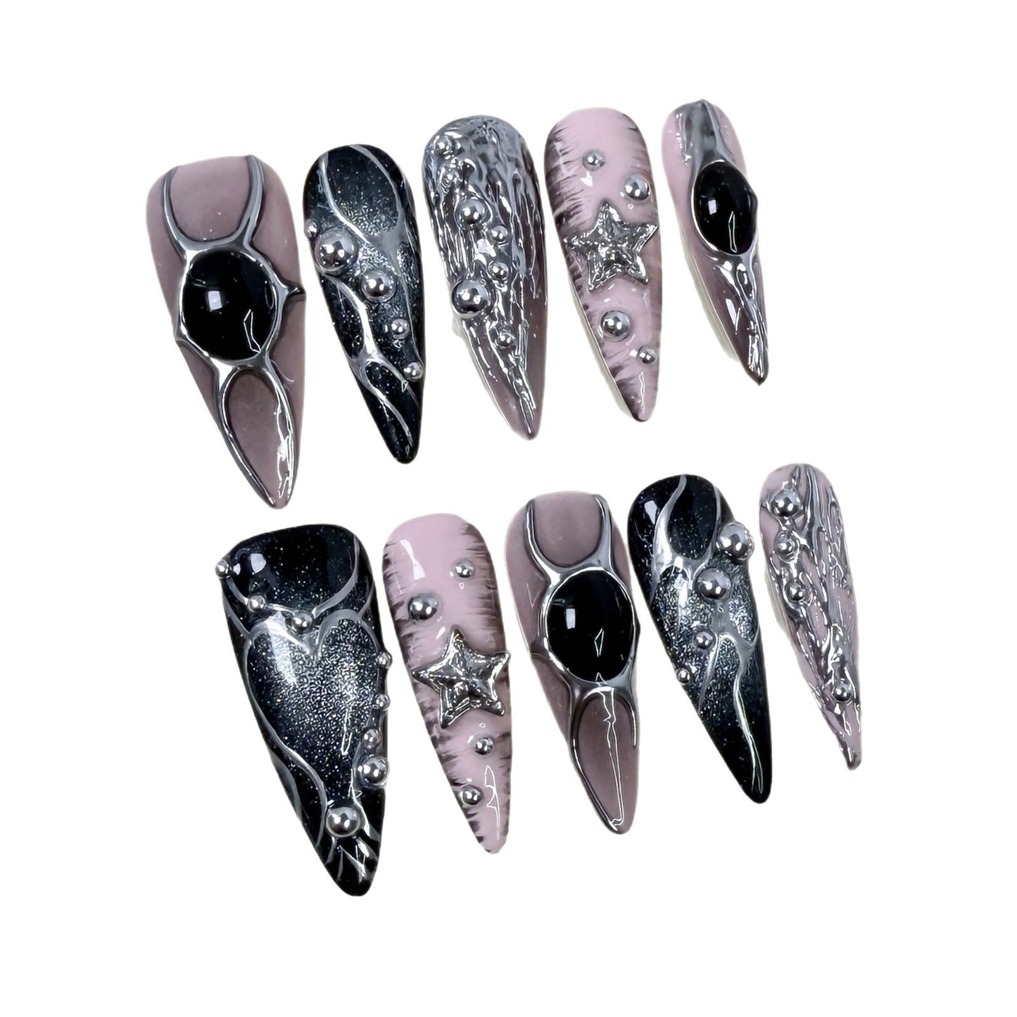 Gefärbte Nägel, europäisch und amerikanisch, lange, spitze Nägel, Metall, handbemalt, Relief, süß, cool