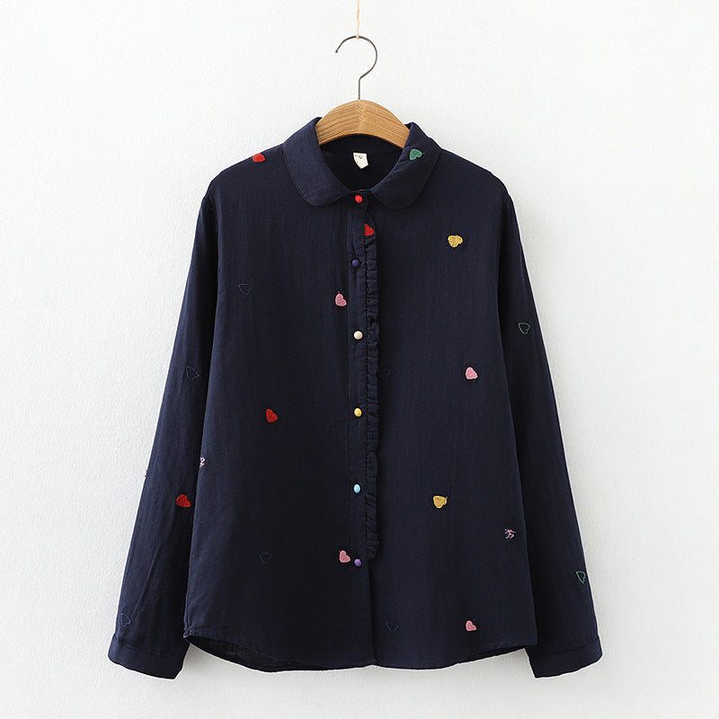 Women's Artistic Double-layer Cotton Yarn Doll Collar Printed Long-sleeved Shirt
