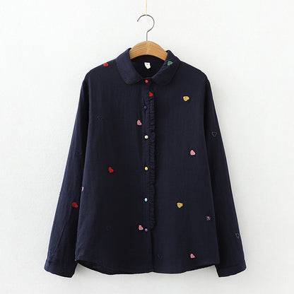 Women's Artistic Double-layer Cotton Yarn Doll Collar Printed Long-sleeved Shirt