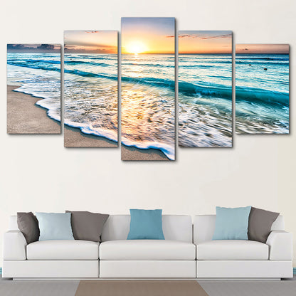 Sunset Beach Waves 5 Panel Wall Art HD