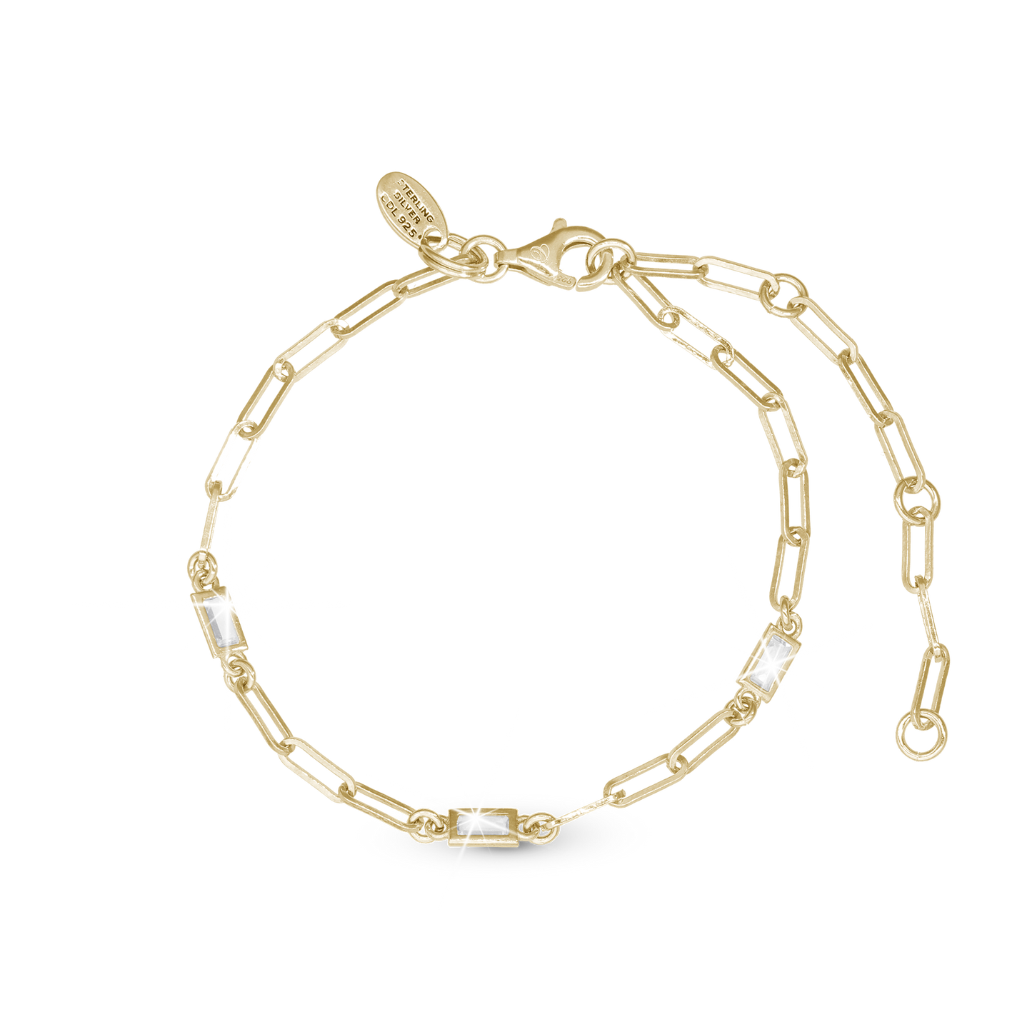 Shiny Links Bracelet - Polished Gold Plated Sterling Silver with 3 white