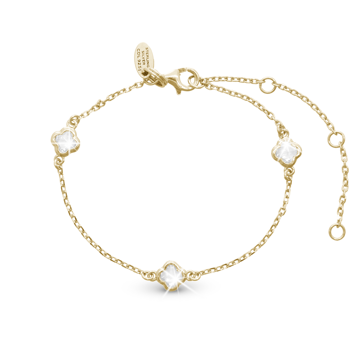 Glowing Clover Bracelet - Polished Gold Plated Sterling Silver with 3 white