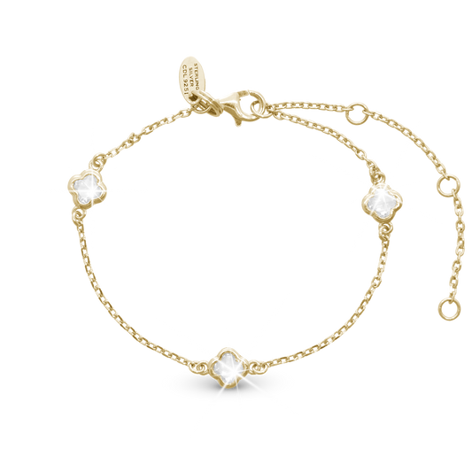 Glowing Clover Bracelet - Polished Gold Plated Sterling Silver with 3 white