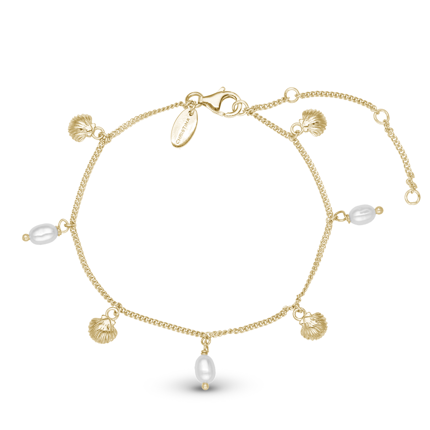 Pearl Shell Bracelet - Polished Gold Plated Sterling Silver with 3 white Ferskvandsperler