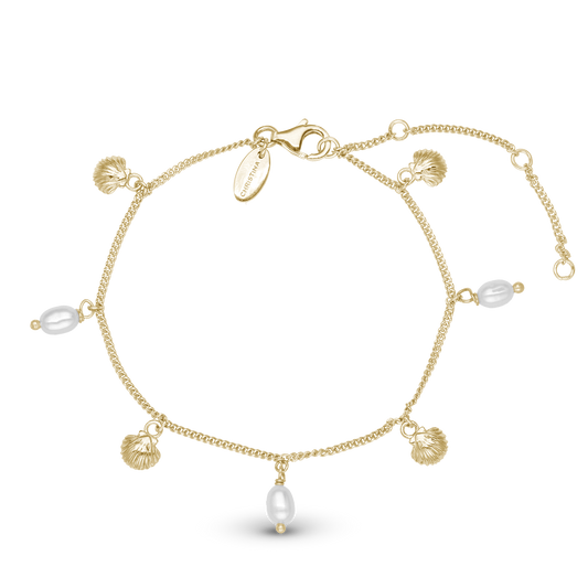 Pearl Shell Bracelet - Polished Gold Plated Sterling Silver with 3 white Ferskvandsperler