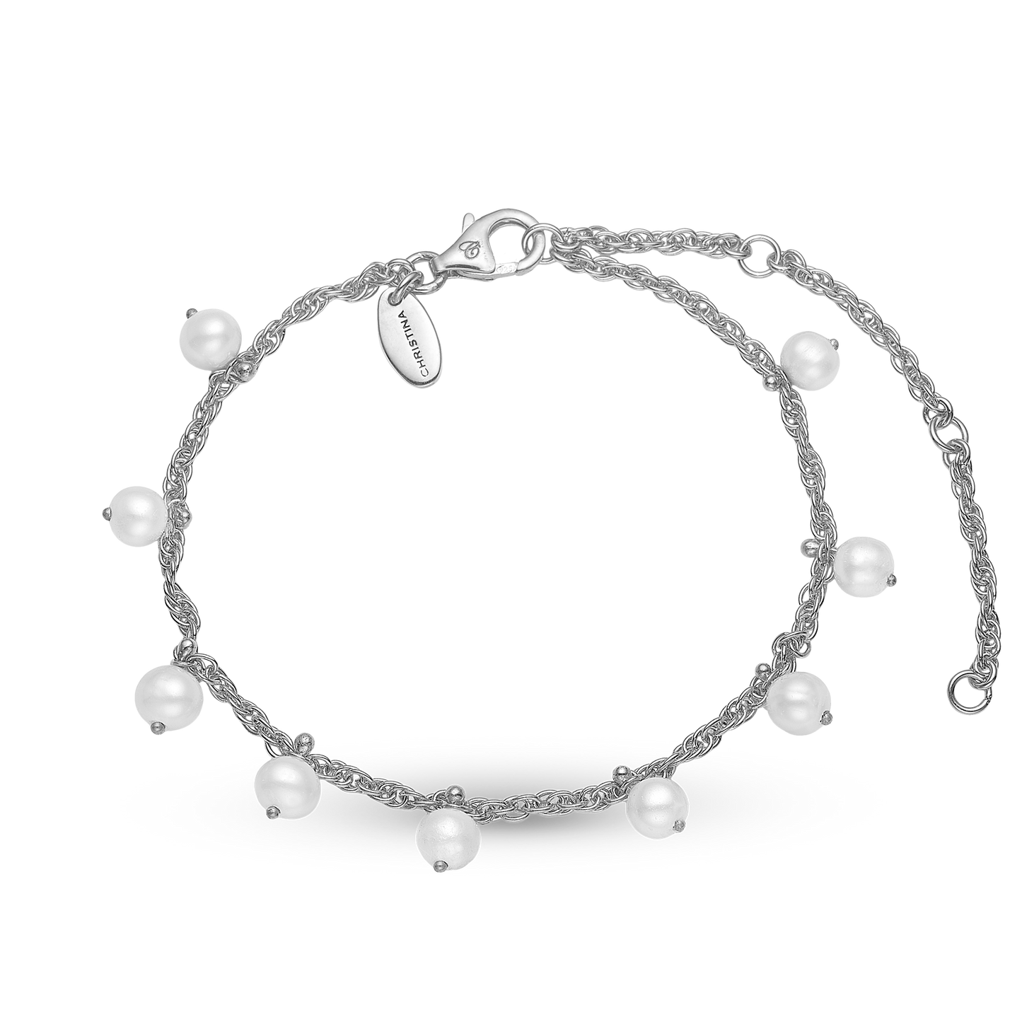 Dangling Pearls Bracelet - Sterling Silver with 9 white Ferskvandsperler