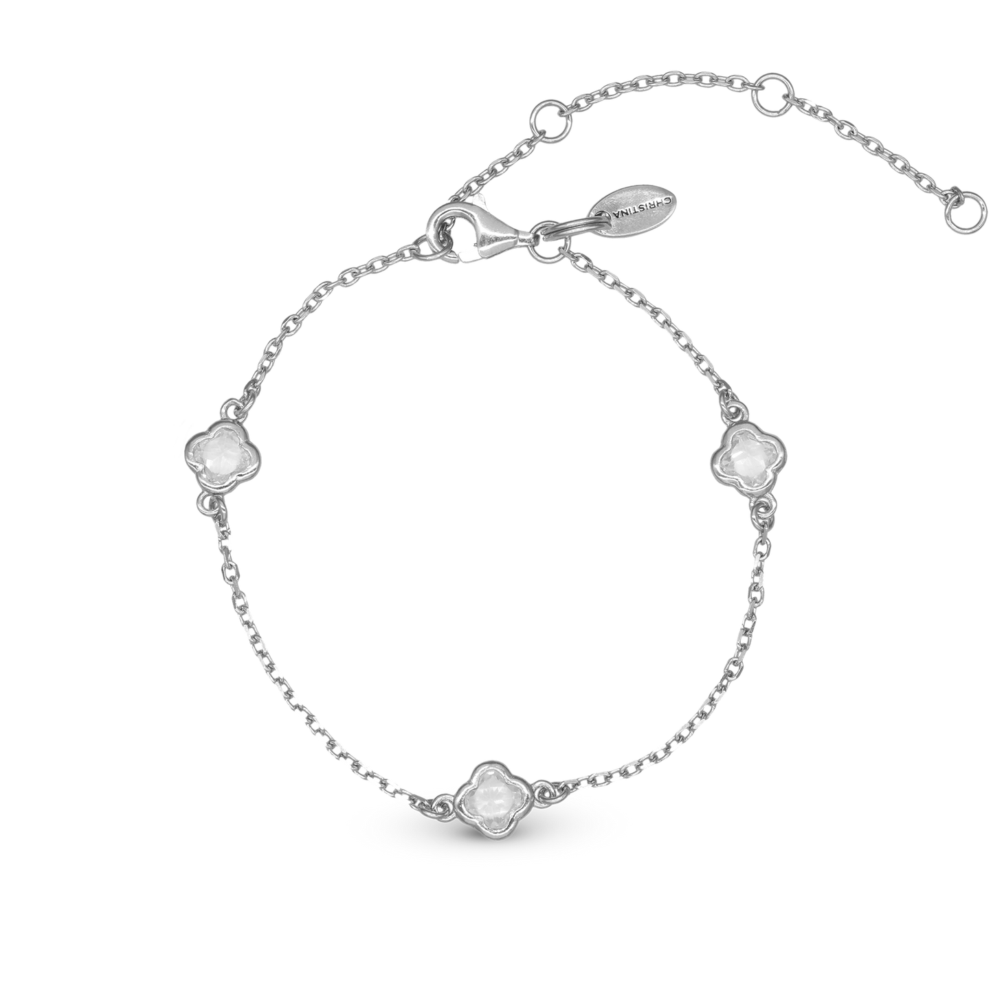 Glowing Clover Bracelet - Polished Sterling Silver with 3 white