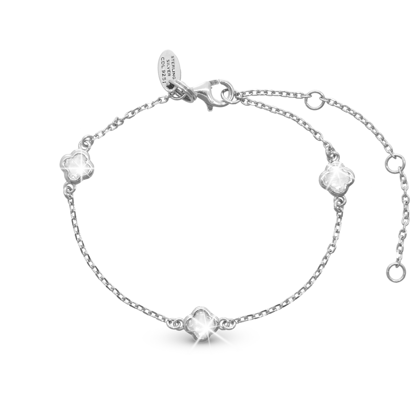 Glowing Clover Bracelet - Polished Sterling Silver with 3 white