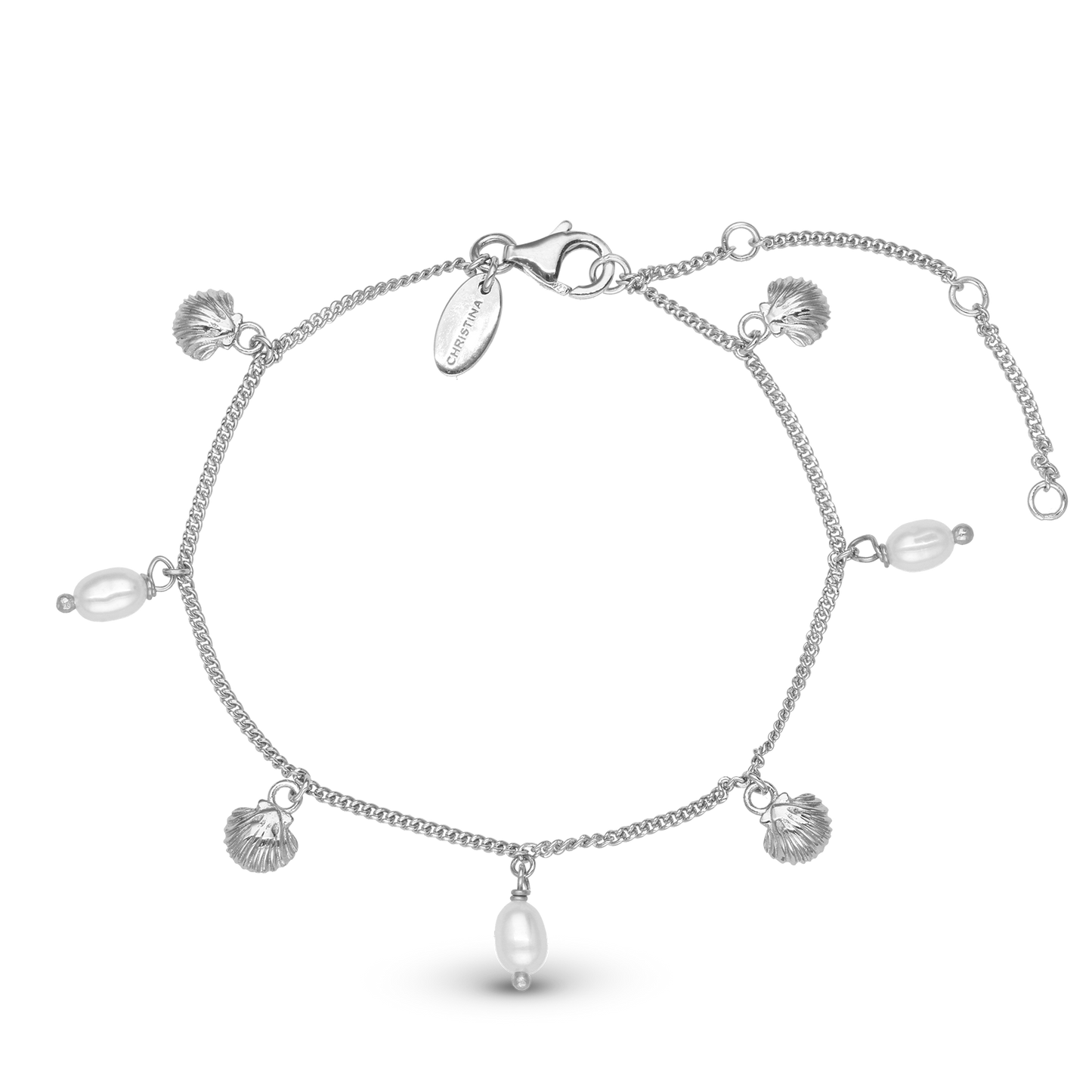 Pearl Shell Bracelet - Polished Sterling Silver with 3 white Ferskvandsperler