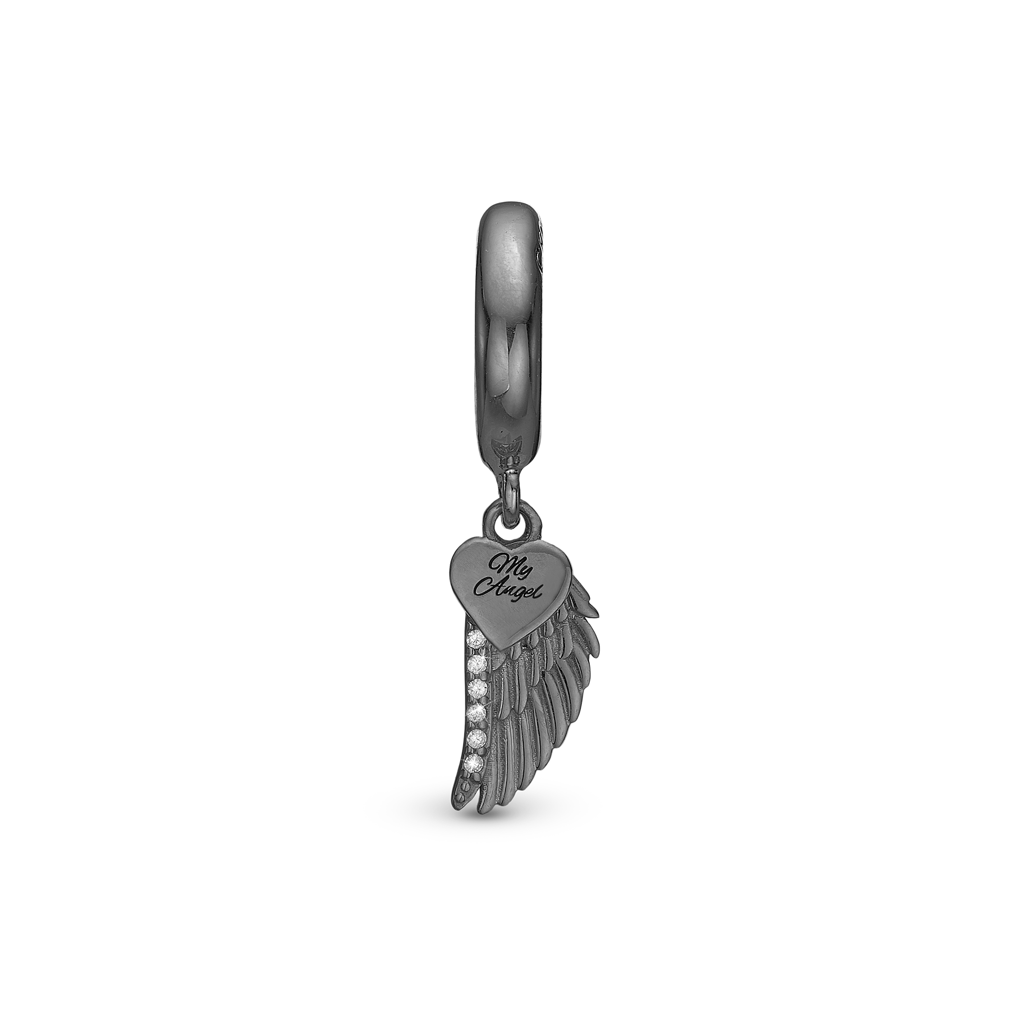 My Angel Drop Charm 6 mm for Leather Bracelet - Polished Ruthenium Plated with 9 white Cubic Zirkonia