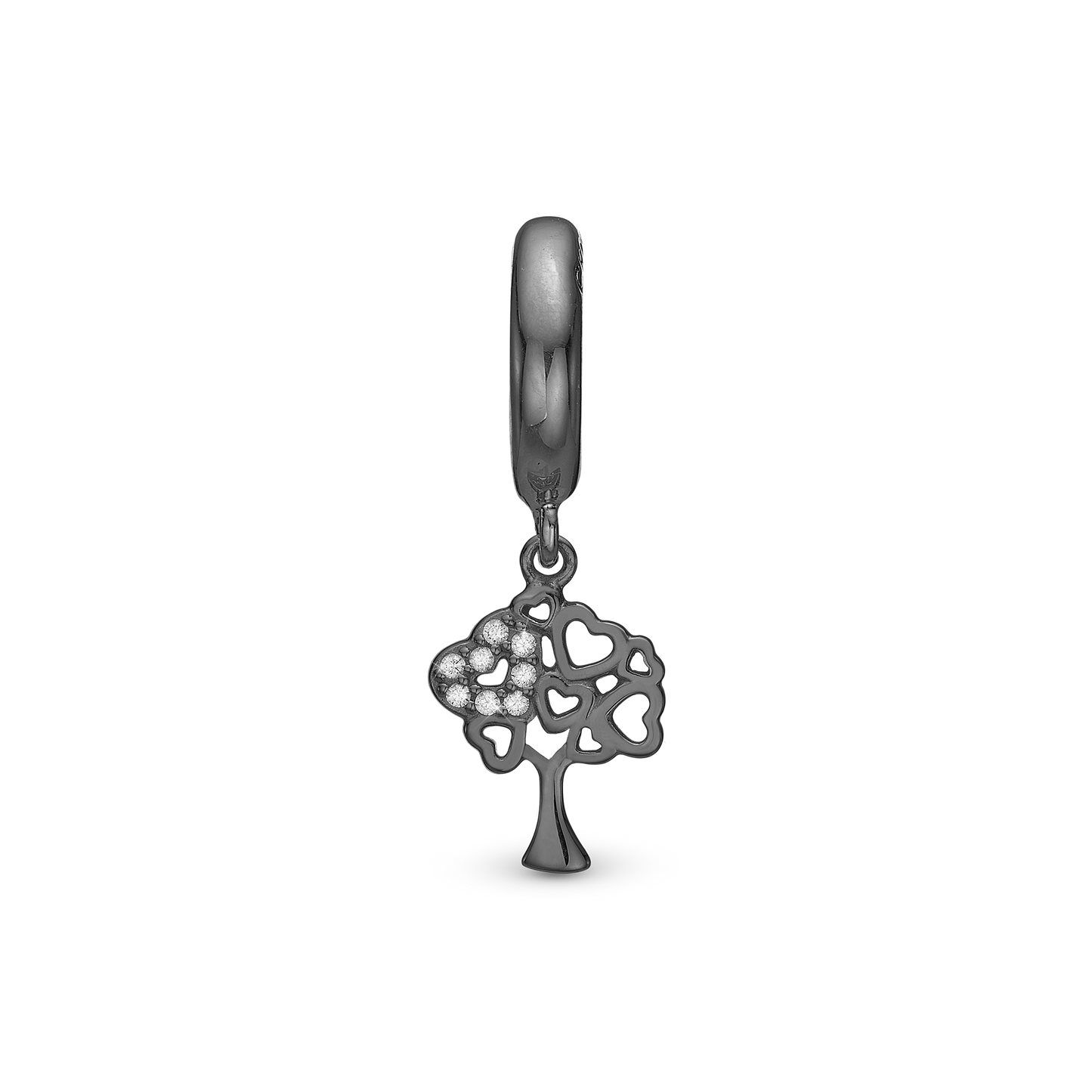 Tree of Hearts Drop Earring Charm 6 mm for Bracelet - Polished Ruthenium Plated with 8 white Cubic Zirkonia