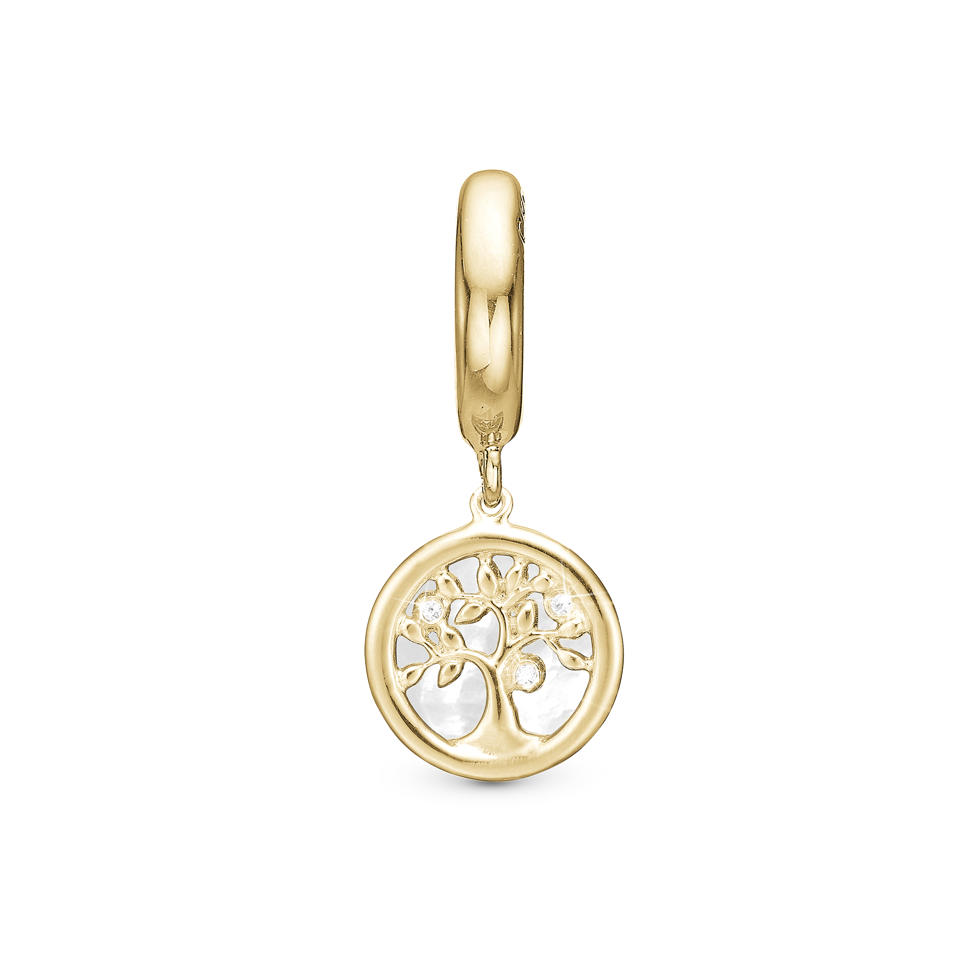 Tree of Life perleMum Drop Charm 6 mm for Leather Bracelet - Polished Gold Plated Sterling Silver with 3 white Cubic Zirkonia