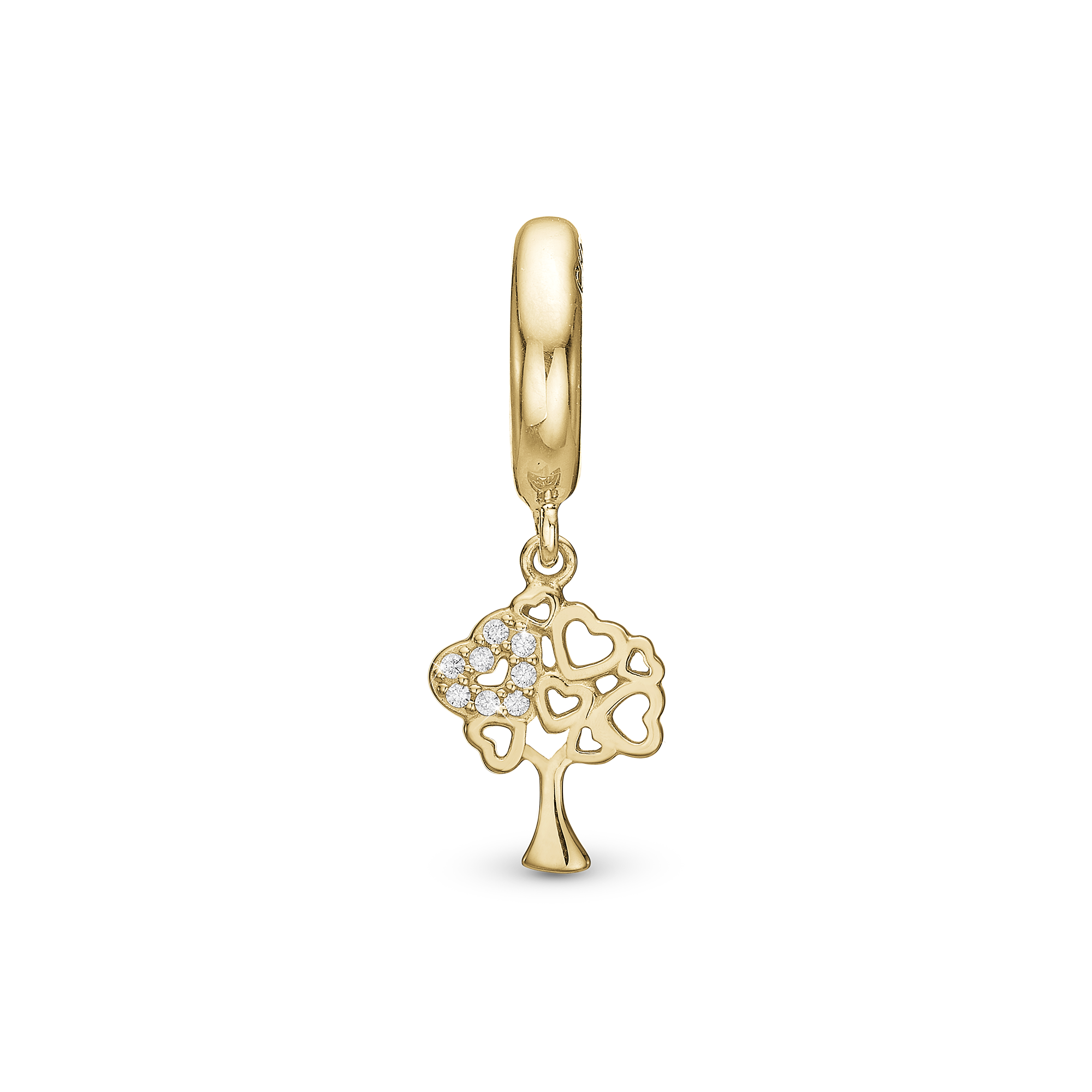 Tree of Hearts Drop Charm 6 mm for Leather Bracelet - Polished Gold Plated Sterling Silver with 8 white Cubic Zirkonia