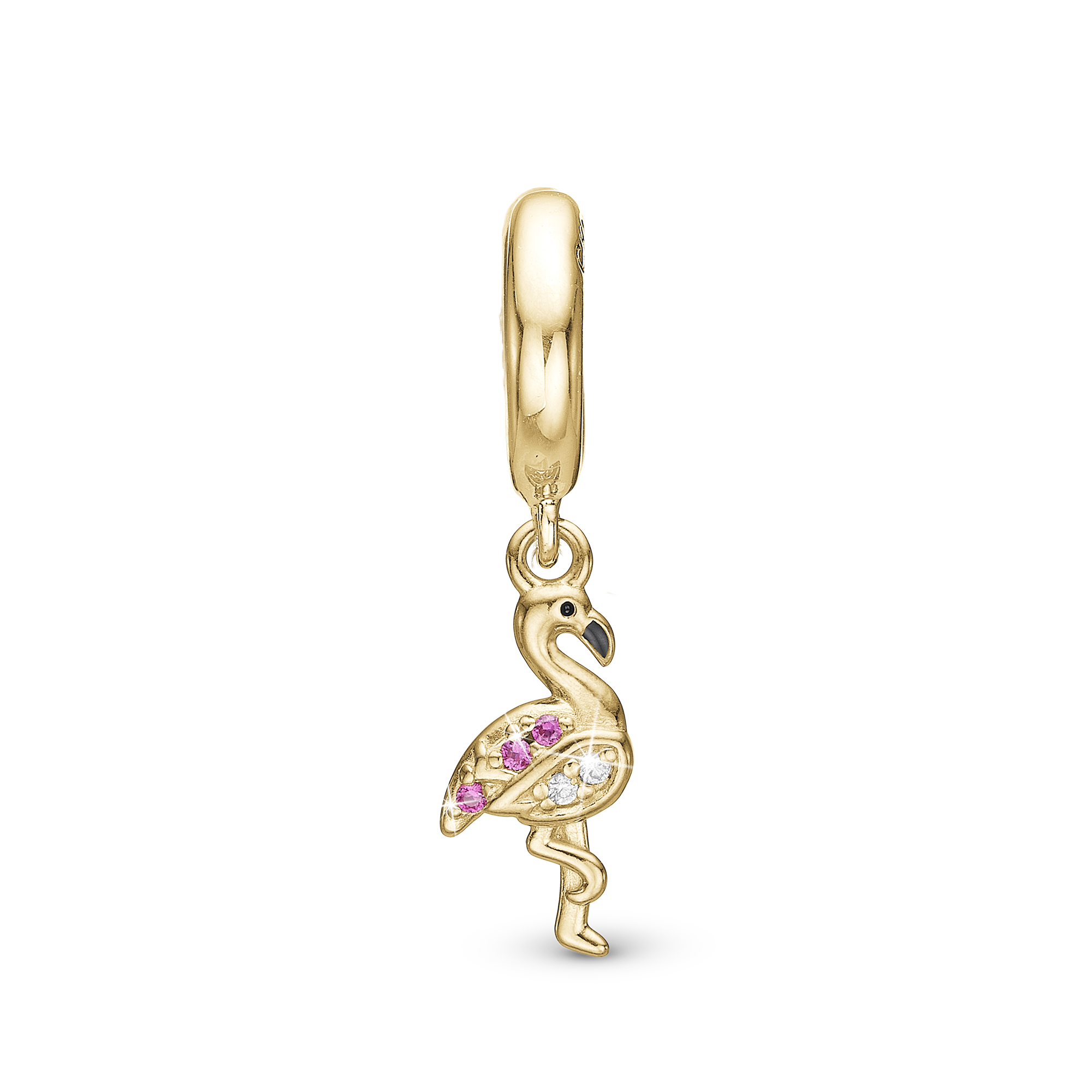 Flamingo Drop Charm 6 mm for Leather Bracelet - Gold Plated Sterling Silver with 5 white Cubic Zirkonia