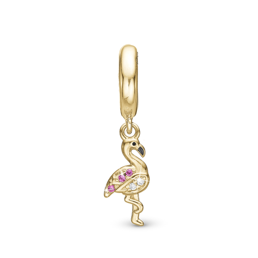Flamingo Drop Earring Charm 6 mm for Bracelet - Gold Plated Sterling Silver with 5 white Cubic Zirkonia