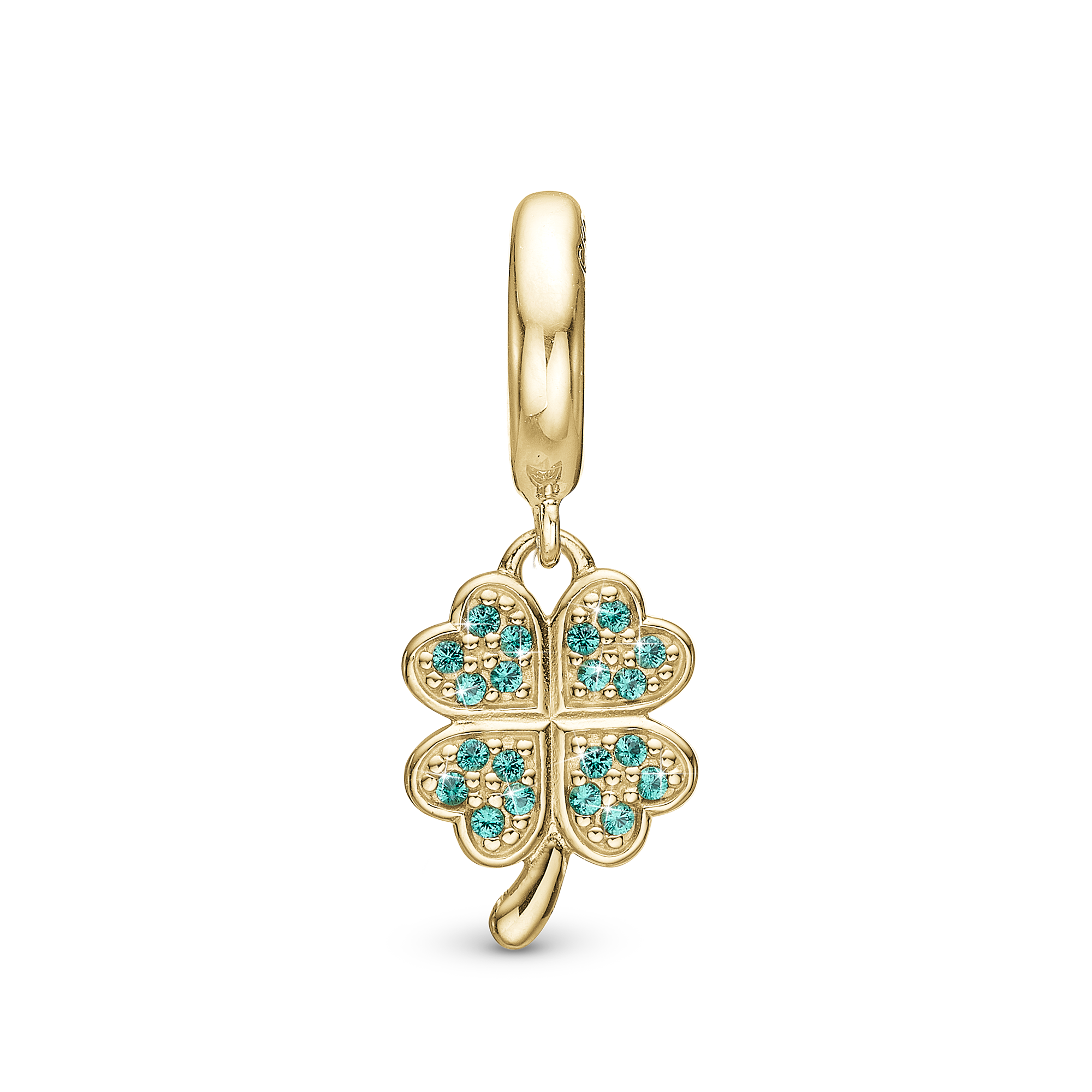 Lucky Clover Hænger Charm 6 mm Til Armbånd - Forgyldt Sterling Sølv m. 20 Grønne Cubic Zirkonia