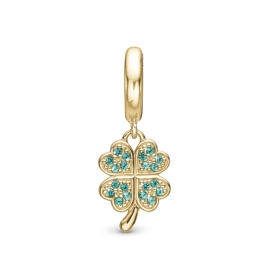 Lucky Clover Hænger Charm 6 mm Til Armbånd - Forgyldt Sterling Sølv m. 20 Grønne Cubic Zirkonia