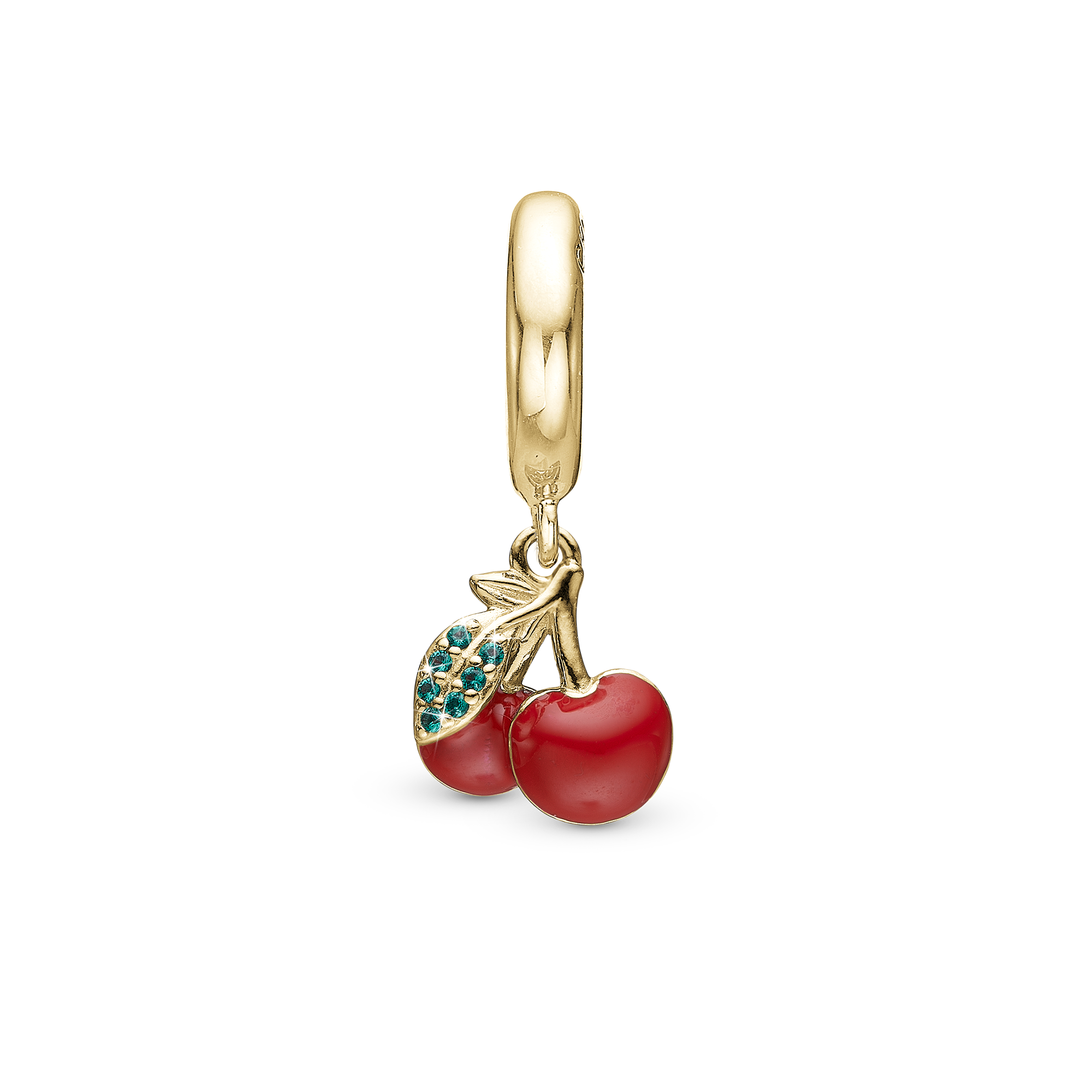 Happy Cherries Drop Charm 6 mm for Leather Bracelet - Gold Plated Sterling Silver with 7 Greenne Cubic Zirkonia