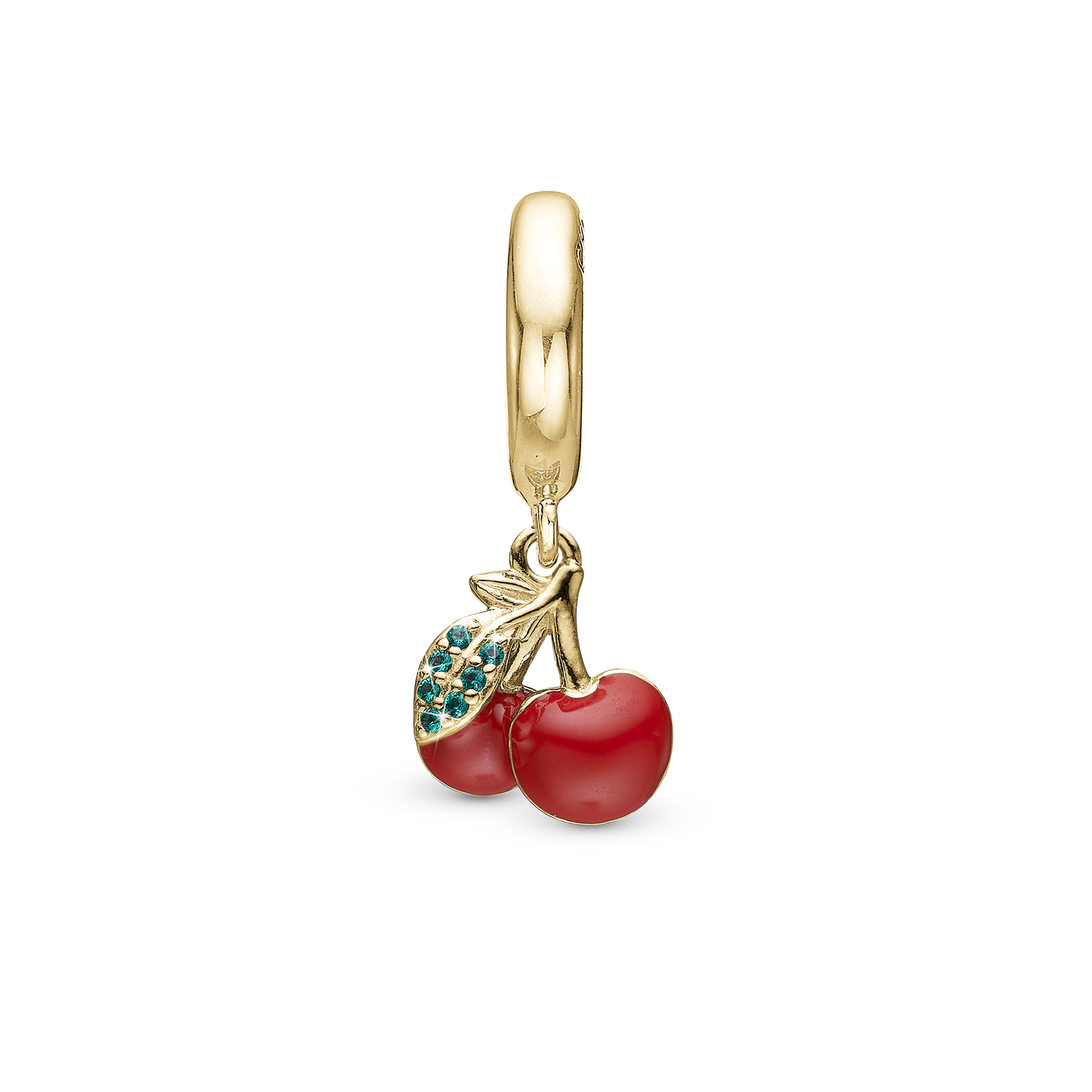 Happy Cherries Drop Earring Charm 6 mm for Bracelet - Gold Plated Sterling Silver with 7 Greenne Cubic Zirkonia