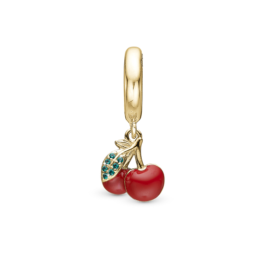 Happy Cherries Drop Earring Charm 6 mm for Bracelet - Gold Plated Sterling Silver with 7 Greenne Cubic Zirkonia