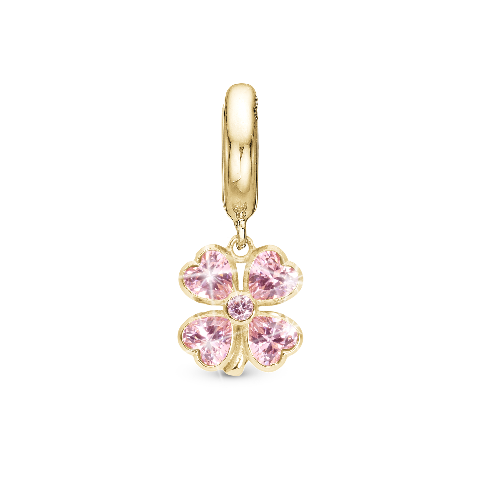 Pink Heart Clover Drop Charm 6 mm for Leather Bracelet - Polished Gold Plated Sterling Silver with 5 Pinke Cubic Zirkonia