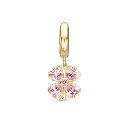 Pink Heart Clover Drop Earring Charm 6 mm for Bracelet - Polished Gold Plated Sterling Silver with 5 Pinke Cubic Zirkonia