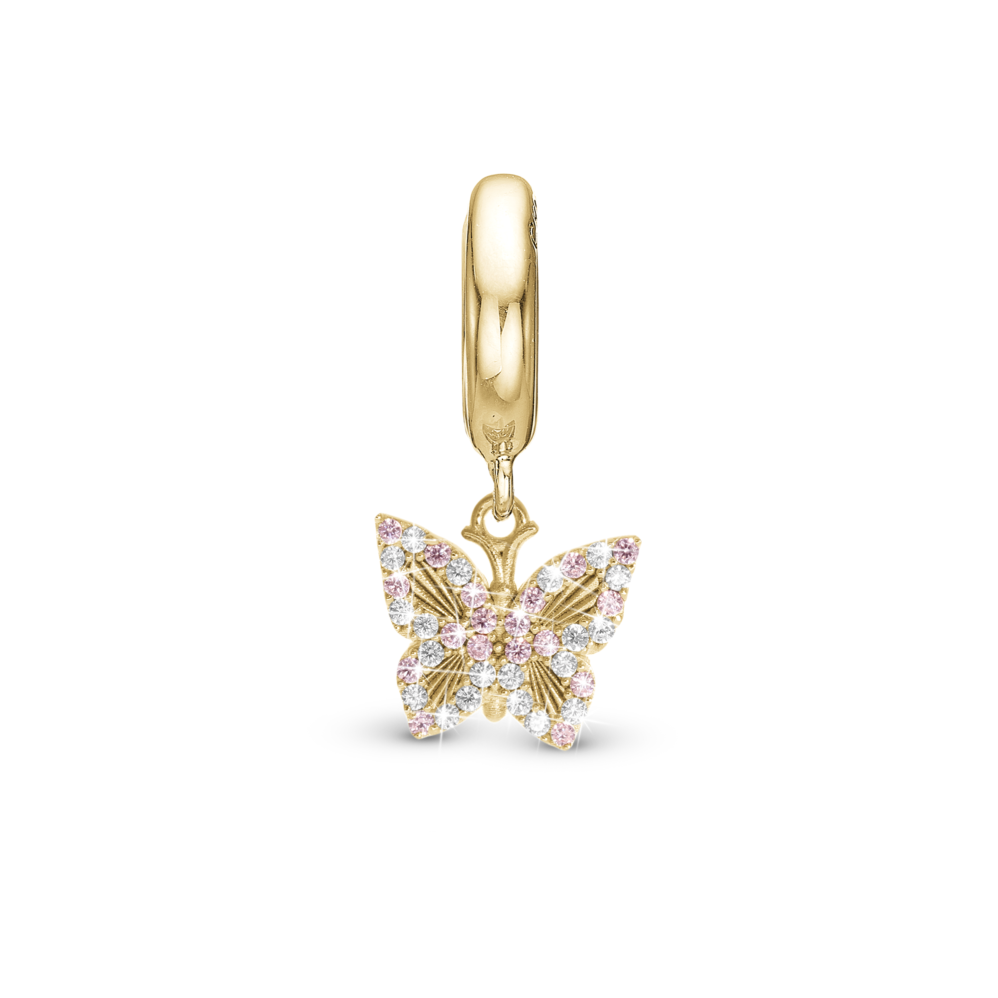 Sparkling Butterfly Drop Charm 6 mm for Leather Bracelet - Polished Gold Plated Sterling Silver with 5 Pinke Cubic Zirkonia