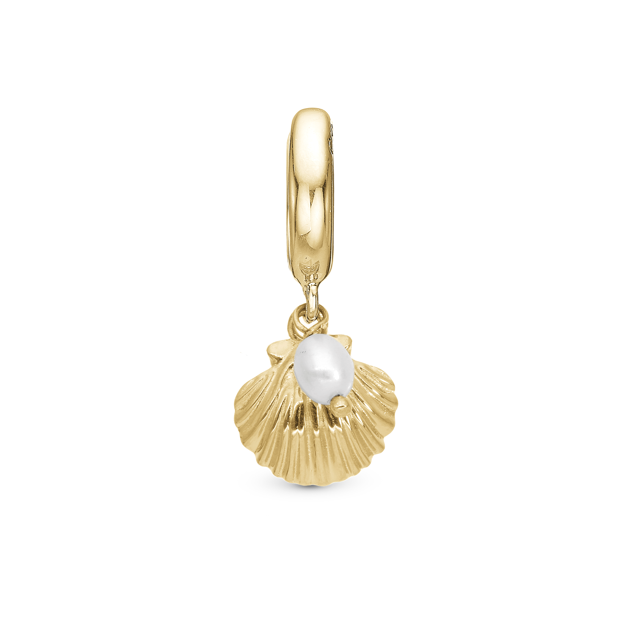 Clam shell Drop Charm 6 mm for Leather Bracelet - Polished Gold Plated Sterling Silver with 1 Freshwater Pearls