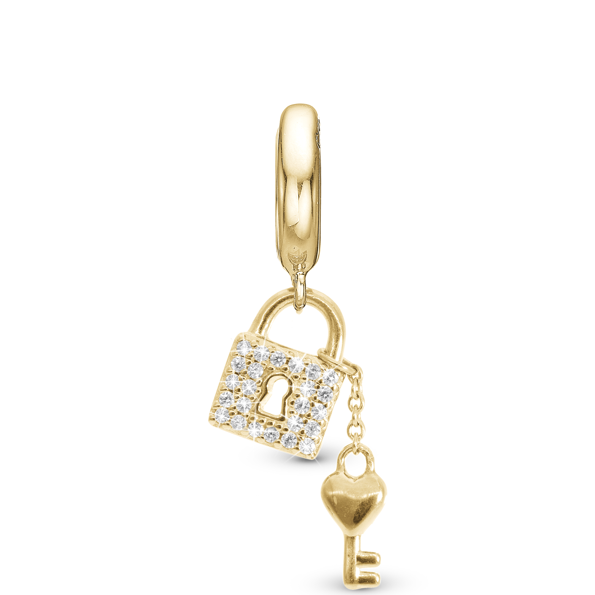 Unlock my Heart Drop Charm 6 mm for Leather Bracelet - Polished Gold Plated Sterling Silver with 24 white Cubic Zirkonia