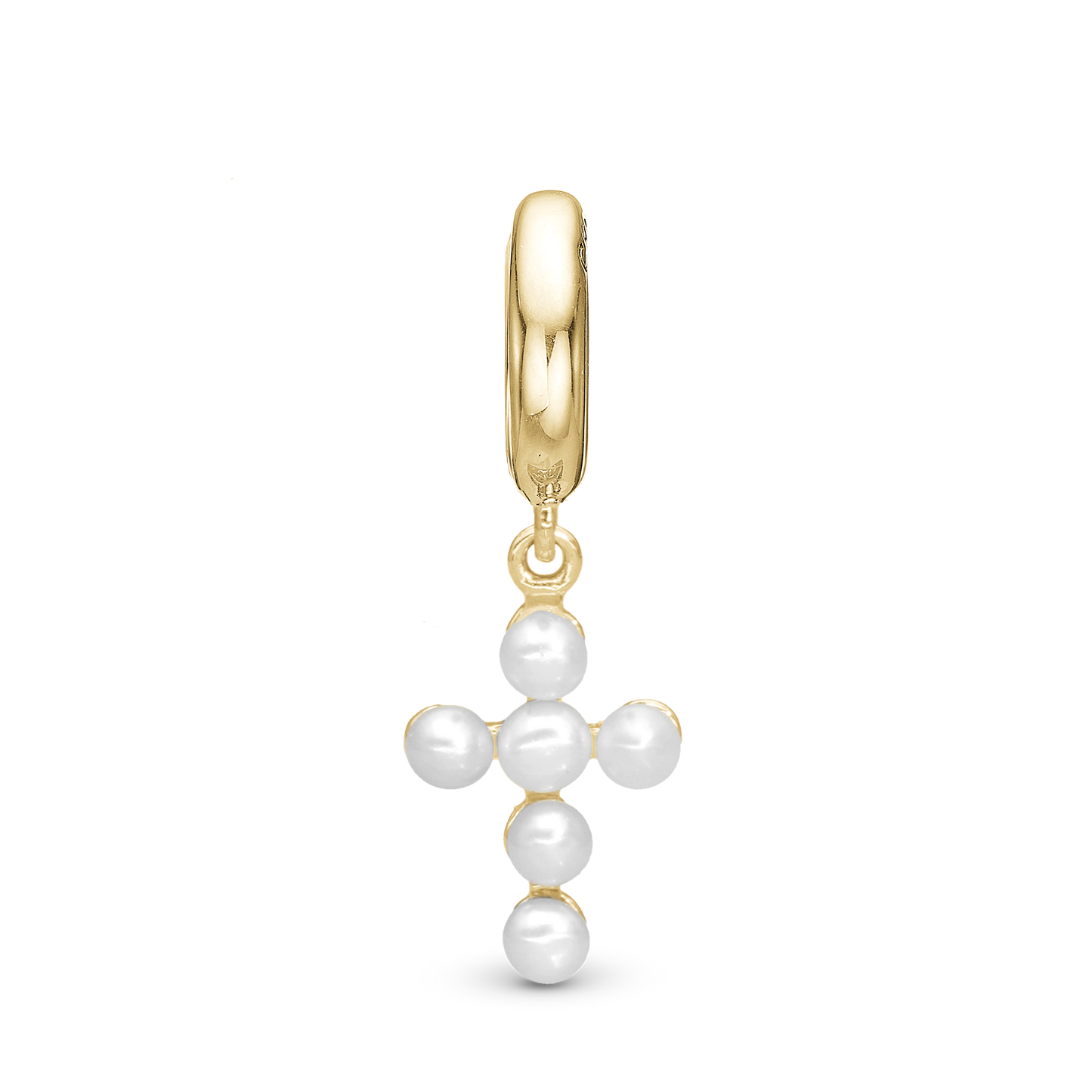 Pearl cross Drop Earring Charm 6 mm for Bracelet - Polished Gold Plated Sterling Silver with 6 white Ferskvandsperler