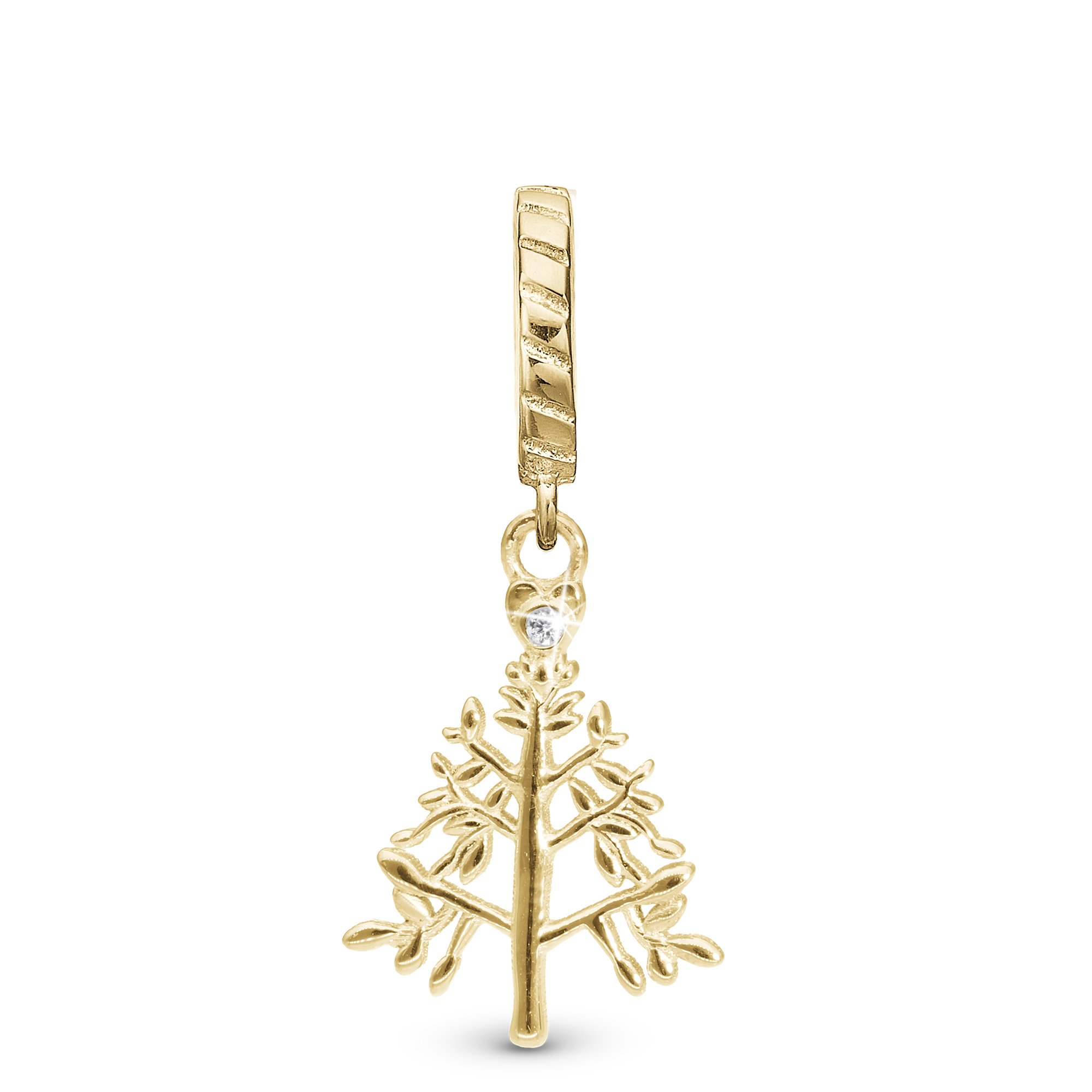 Christmas Tree Drop Charm 6 mm for Leather Bracelet - Polished Gold Plated Sterling Silver with 1 Cubic Zirkonia