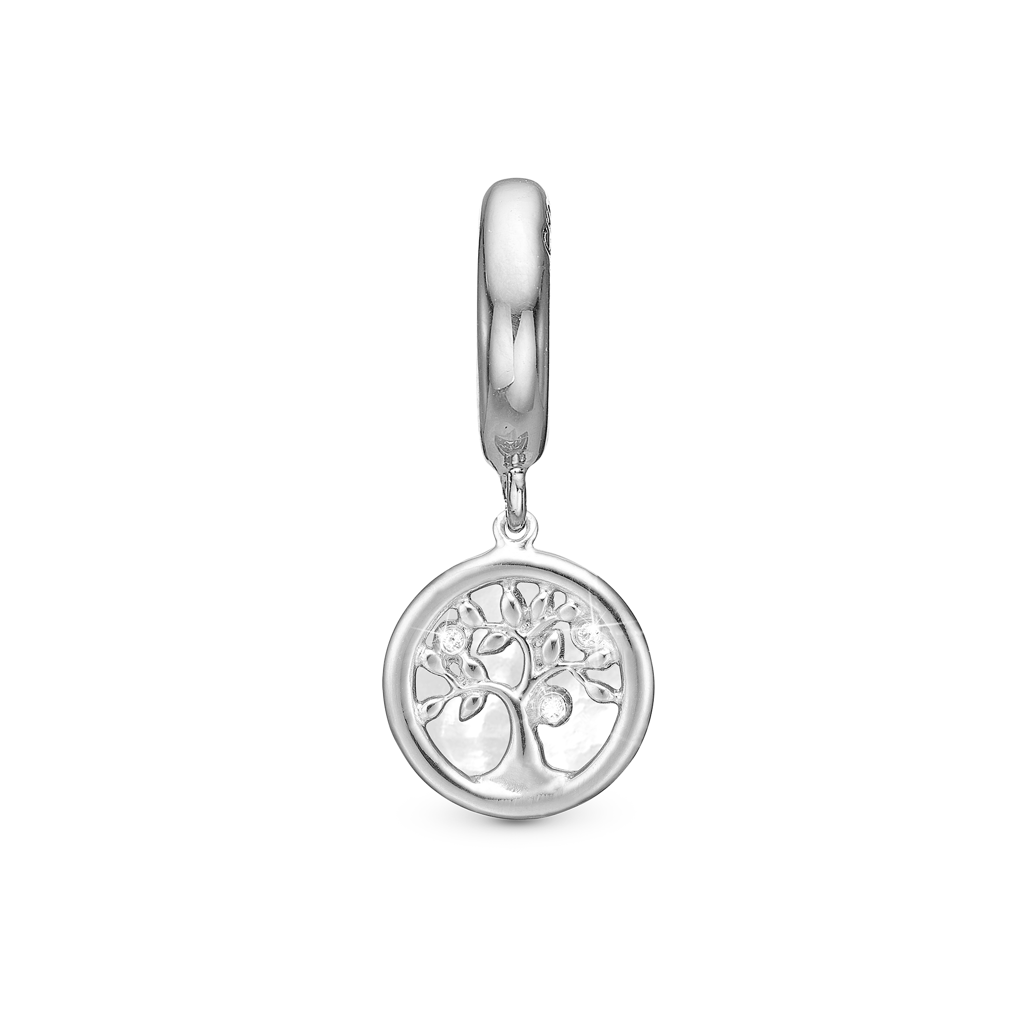 Tree of Life perleMum Drop Charm 6 mm for Leather Bracelet - Polished Sterling Silver with 3 white Cubic Zirkonia