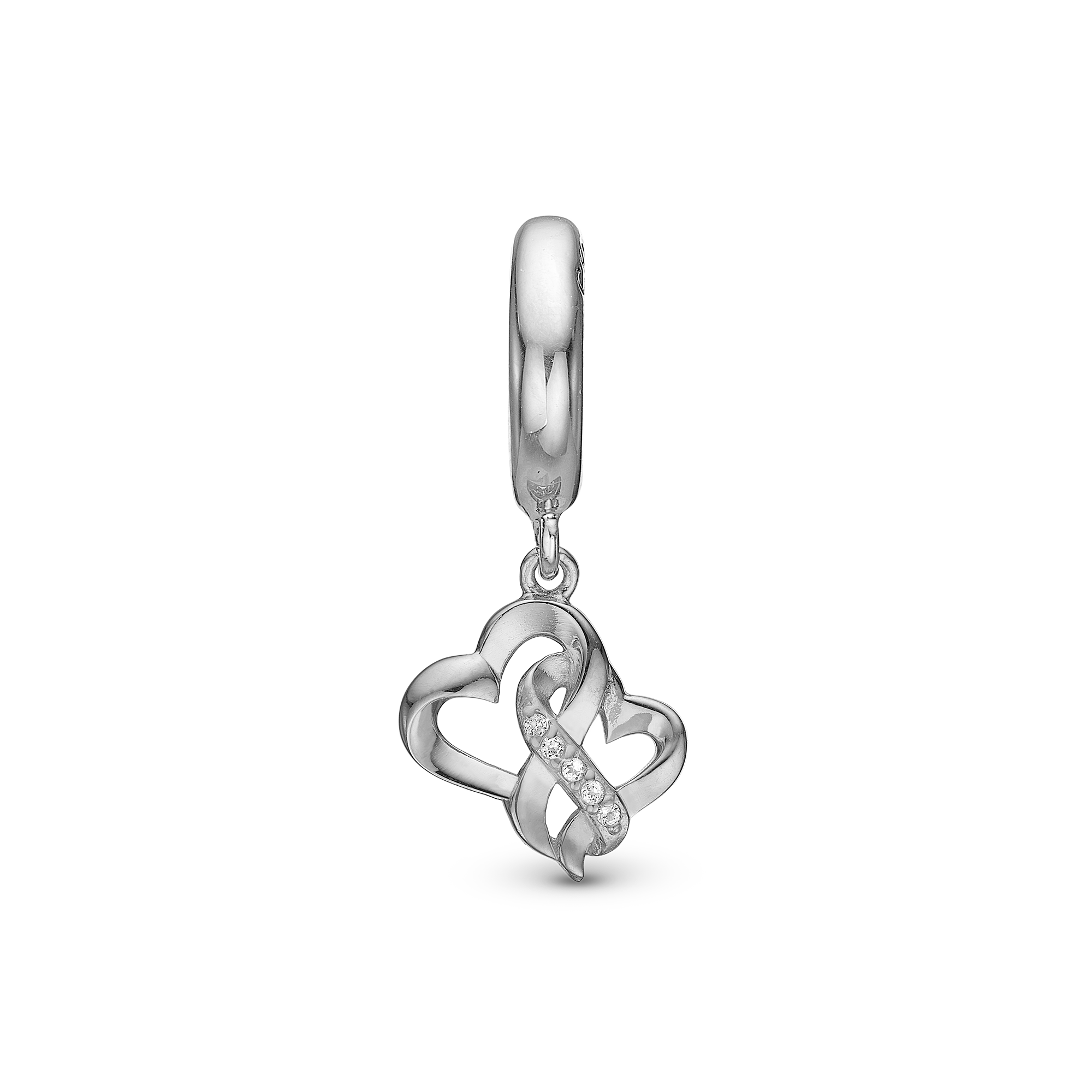 Mother Child True Love Drop Charm 6 mm for Leather Bracelet - Polished Sterling Silver with 6 white Cubic Zirkonia