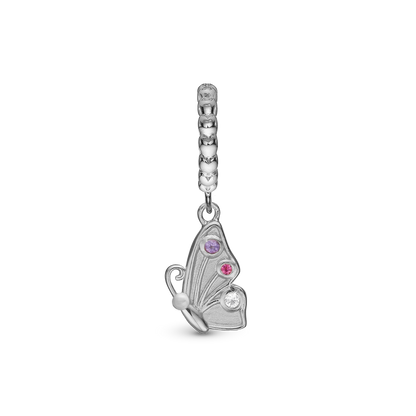 Butterfly Friend Hænger Charm 6 mm Til Armbånd - Børstet Sterling Sølv m. 3 Multi color Cubic Zirkonia
