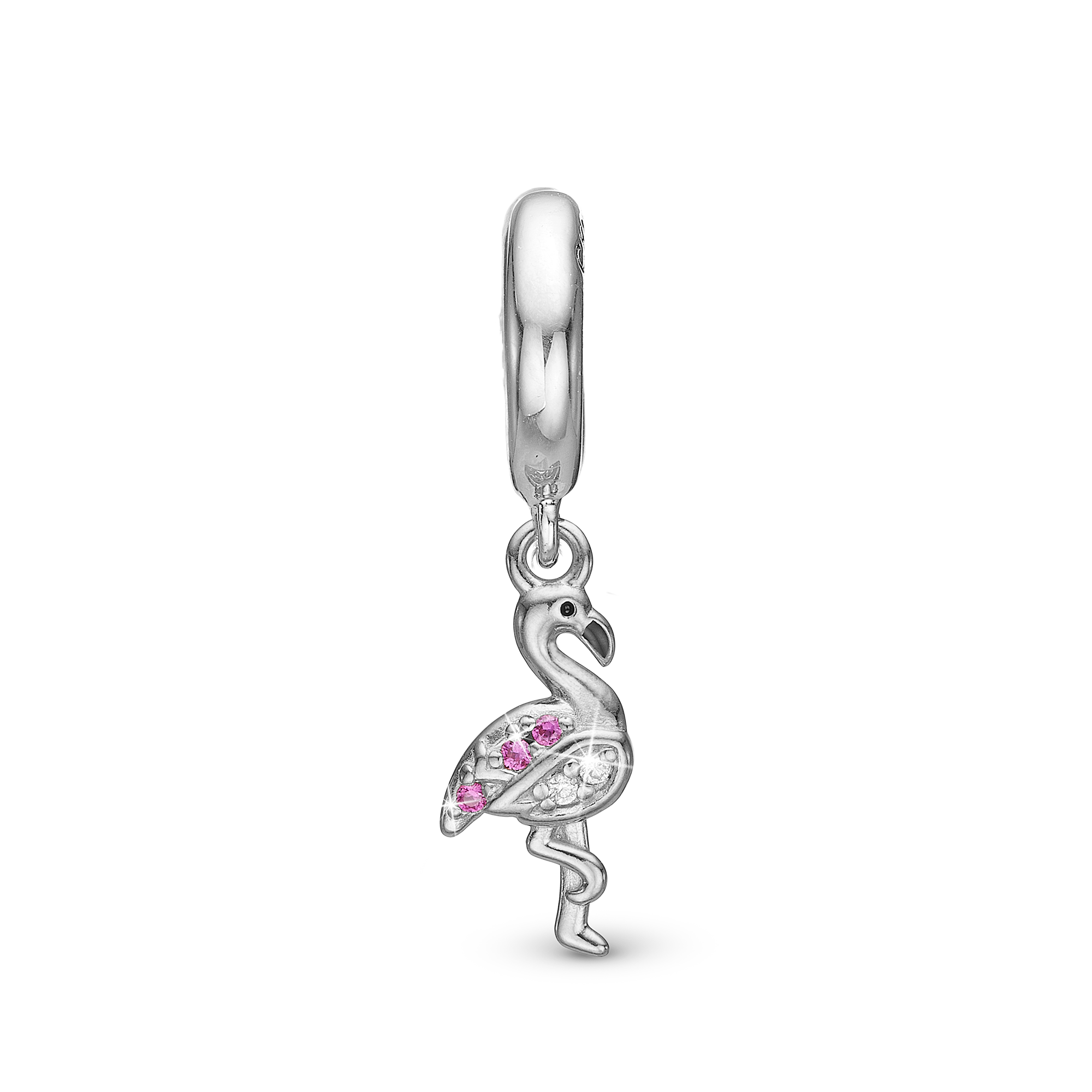 Flamingo Drop Charm 6 mm for Leather Bracelet - Sterling Silver with 5 white Cubic Zirkonia